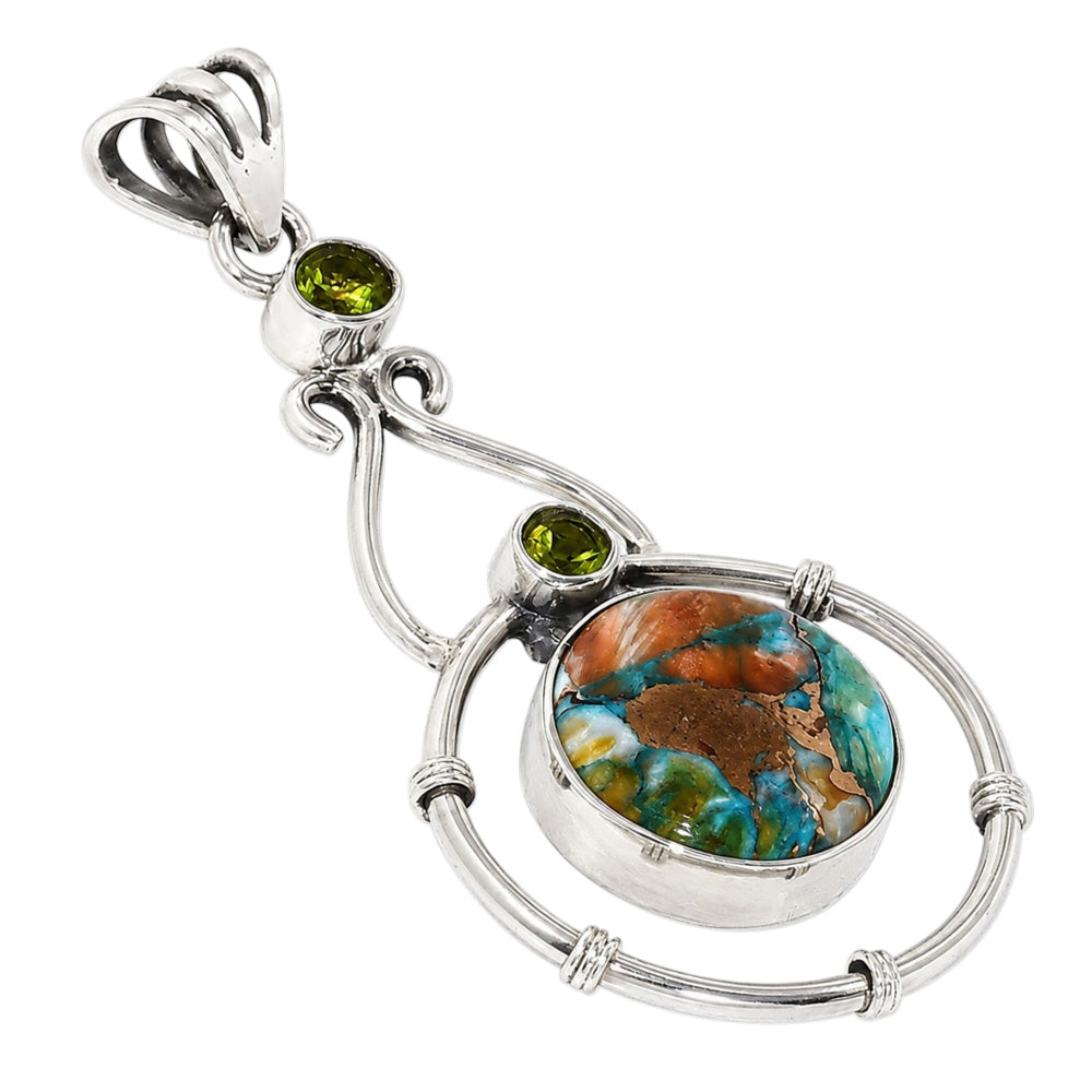 Spiny Oyster Turquoise and Peridot 925 Sterling Silver Pendant Necklace Jewelry SP01163