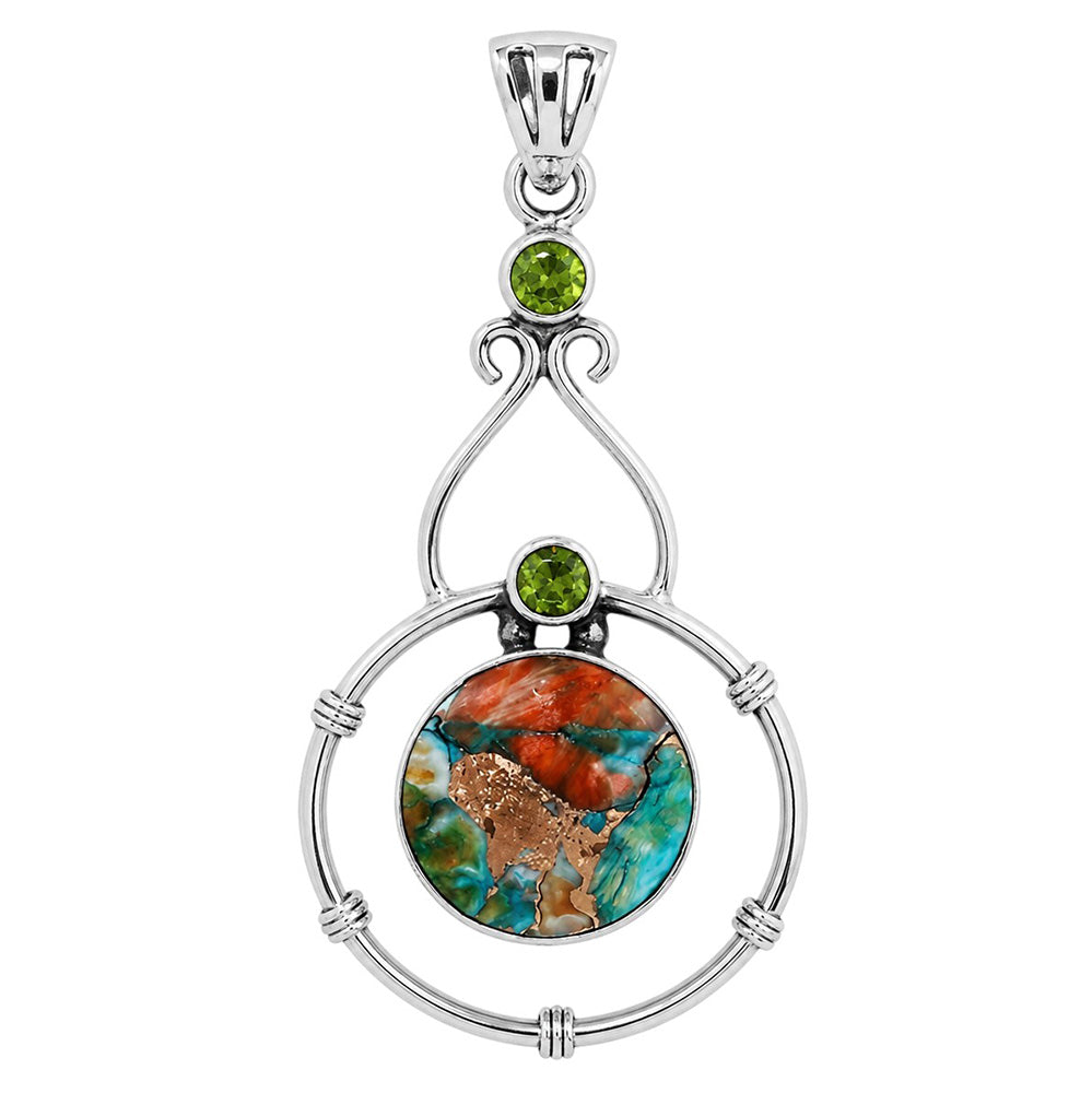 Spiny Oyster Turquoise and Peridot 925 Sterling Silver Pendant Necklace Jewelry SP01163