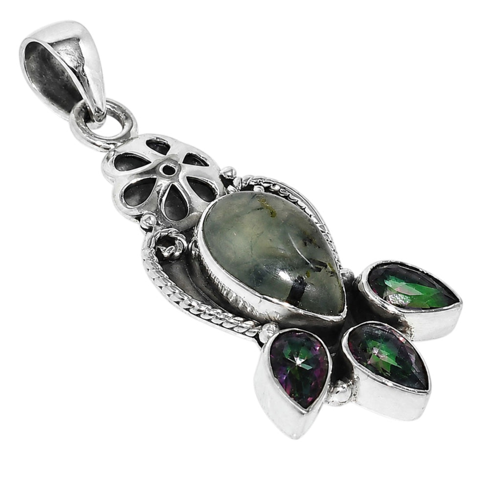 Epidote In Quartz and Mystic Topaz 925 Sterling Silver Pendant Necklace Jewelry SP01182