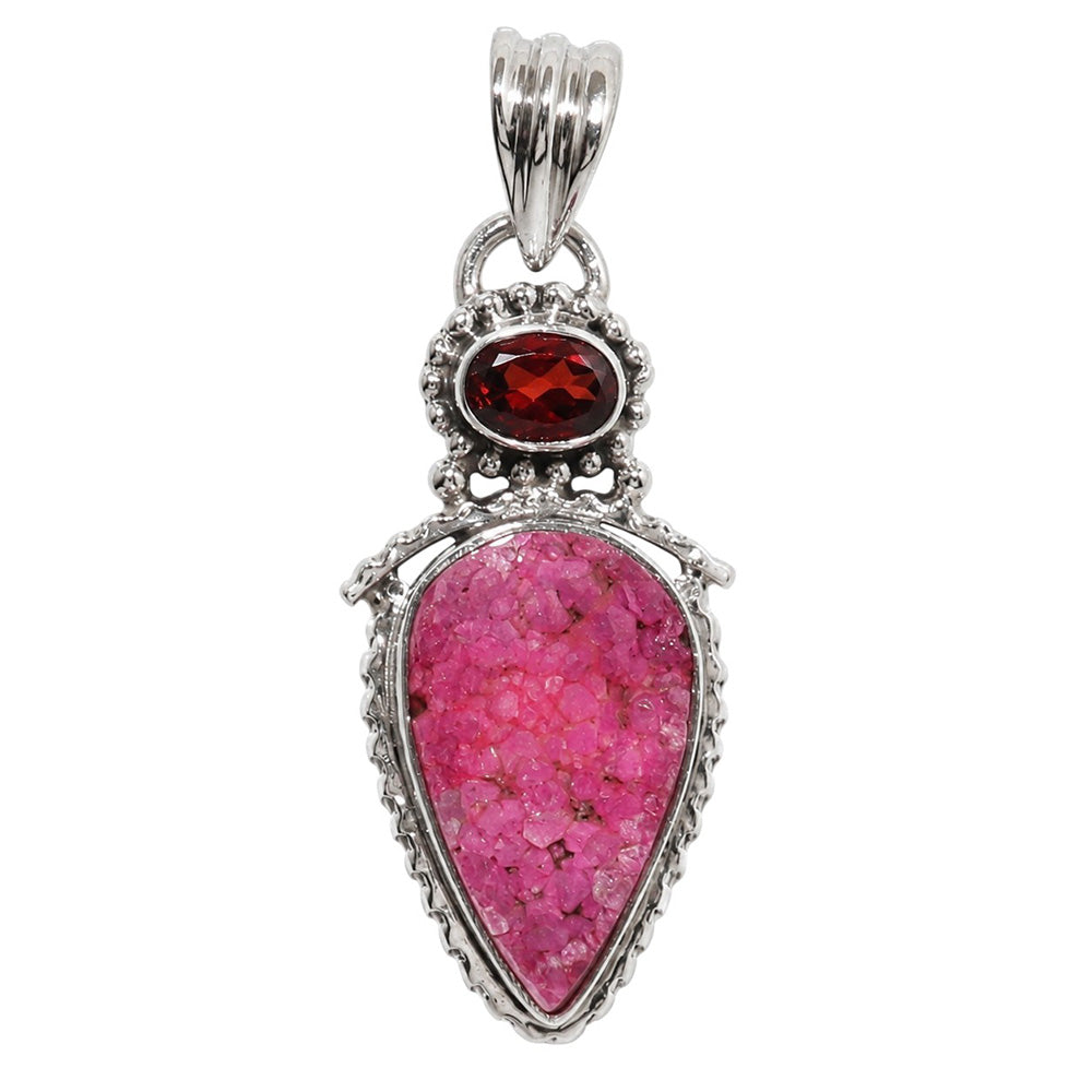 Pink Druzy and Hessonite Garnet 925 Sterling Silver Pendant Necklace Jewelry SP01219