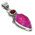 Pink Druzy and Hessonite Garnet 925 Sterling Silver Pendant Necklace Jewelry SP01219