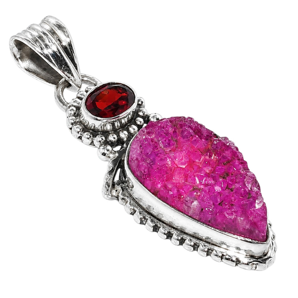 Pink Druzy and Hessonite Garnet 925 Sterling Silver Pendant Necklace Jewelry SP01219