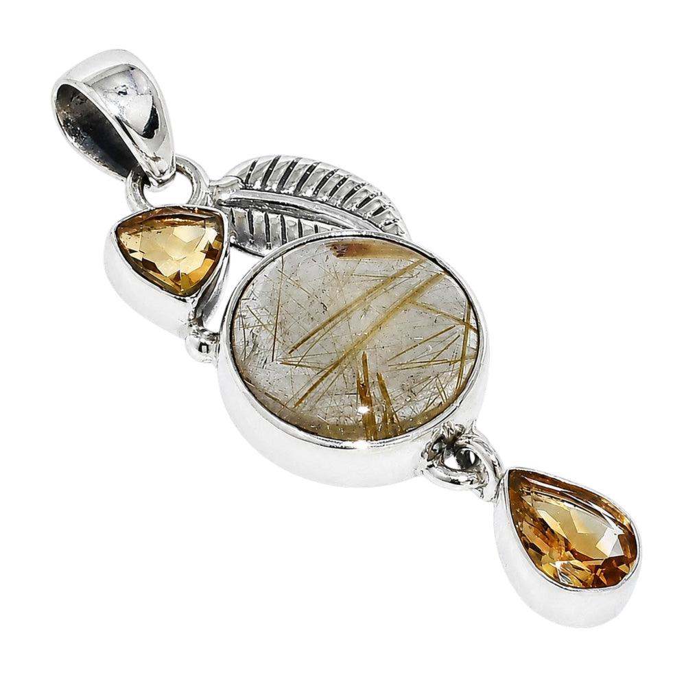 Golden Rutile and Citrine 925 Sterling Silver Pendant Necklace Jewelry SP01224