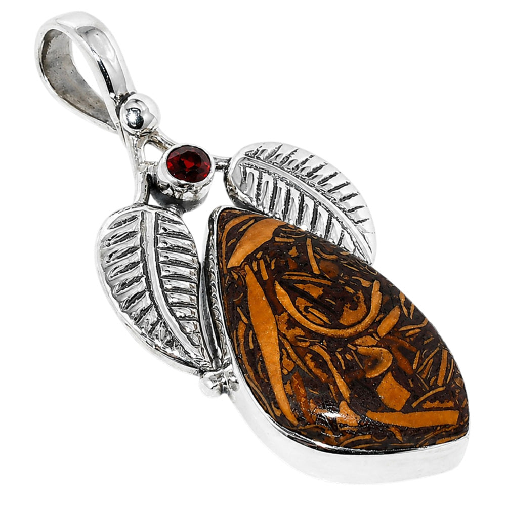 Leaf - Coquina Fossil Jasper and Hessonite Garnet 925 Sterling Silver Pendant Necklace Jewelry SP01225