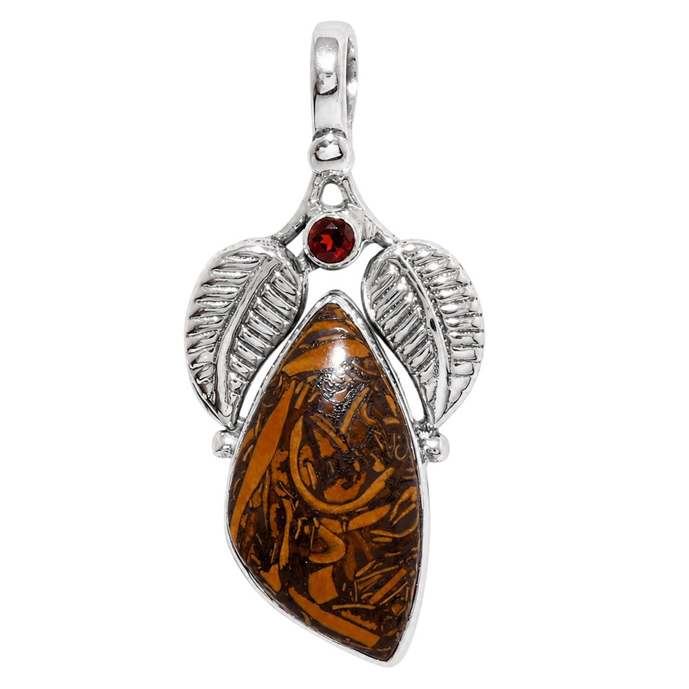 Leaf - Coquina Fossil Jasper and Hessonite Garnet 925 Sterling Silver Pendant Necklace Jewelry SP01225