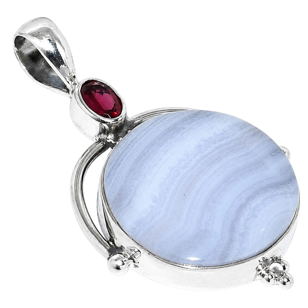 Blue Lace Agate and Hessonite Garnet 925 Sterling Silver Pendant Necklace Jewelry SP01235