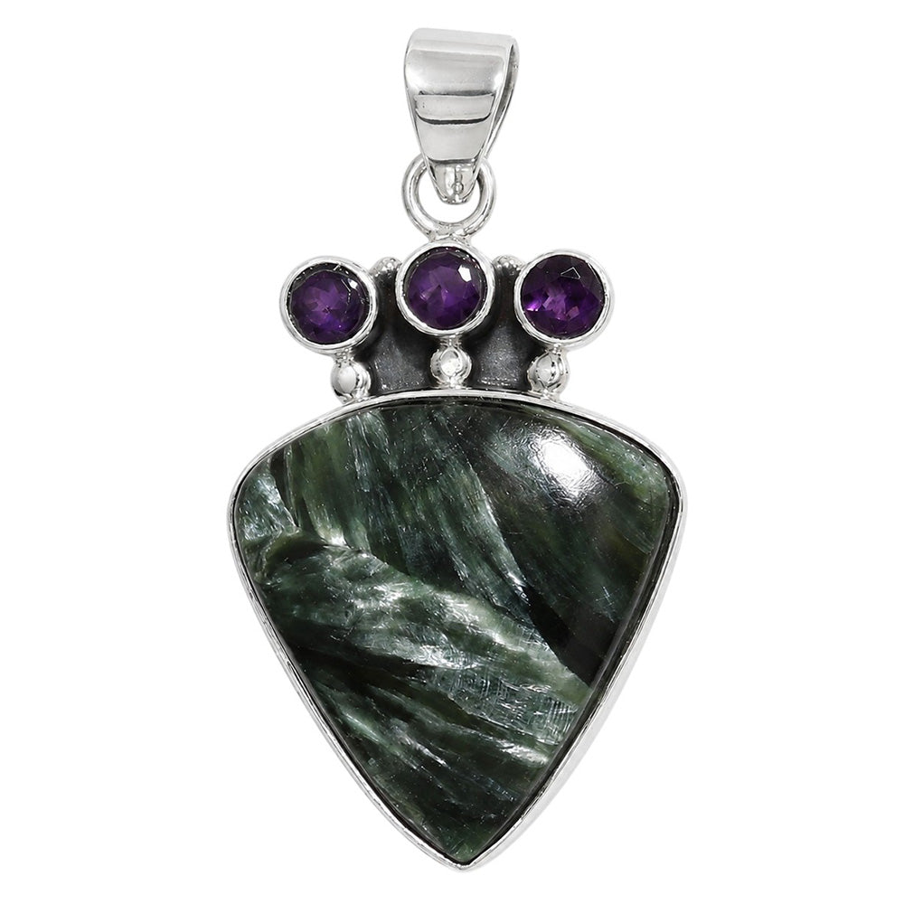 Russian Seraphinite and African Amethyst 925 Sterling Silver Pendant Necklace Jewelry SP01242