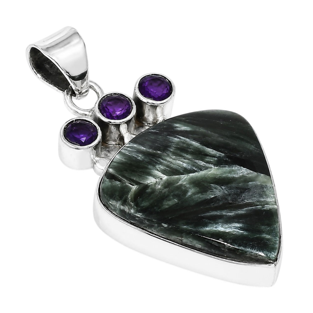 Russian Seraphinite and African Amethyst 925 Sterling Silver Pendant Necklace Jewelry SP01242