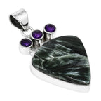 Russian Seraphinite and African Amethyst 925 Sterling Silver Pendant Necklace Jewelry SP01242