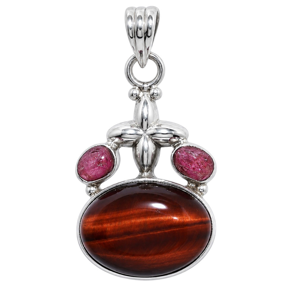 Red Tiger Eye and Pink Tourmaline Rough 925 Sterling Silver Pendant Necklace Jewelry SP01243