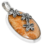 Floral - Flower Fossil Coral 925 Sterling Silver Pendant Necklace Jewelry SP01247