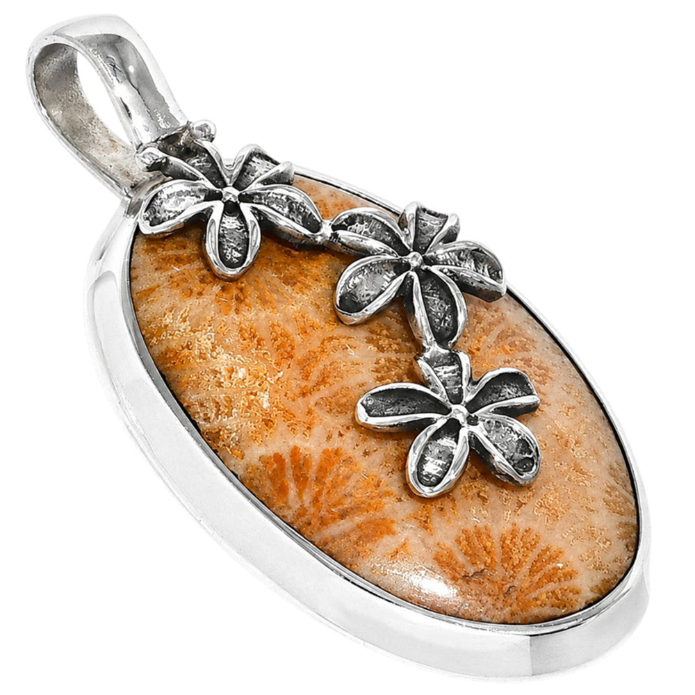 Floral - Flower Fossil Coral 925 Sterling Silver Pendant Necklace Jewelry SP01247