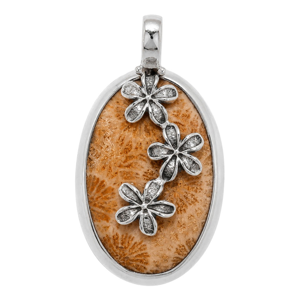 Floral - Flower Fossil Coral 925 Sterling Silver Pendant Necklace Jewelry SP01247