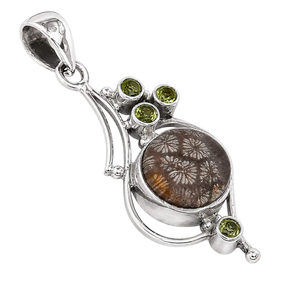 Flower Fossil Coral and Peridot 925 Sterling Silver Pendant Necklace Jewelry SP01251
