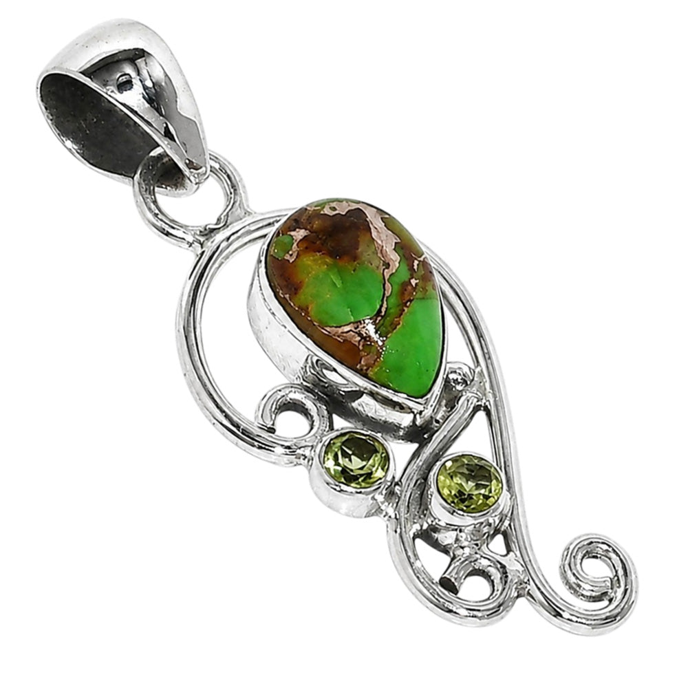 Copper Green Turquoise and Peridot 925 Sterling Silver Pendant Necklace Jewelry SP01252