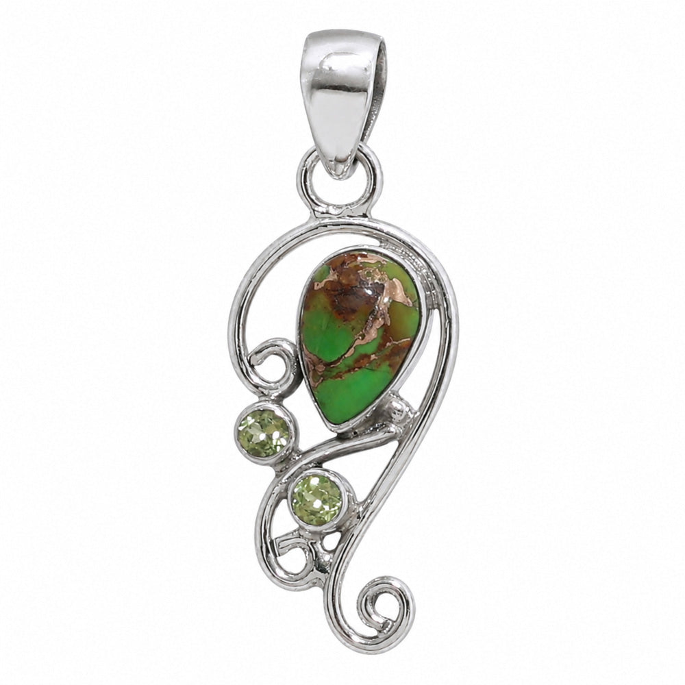 Copper Green Turquoise and Peridot 925 Sterling Silver Pendant Necklace Jewelry SP01252