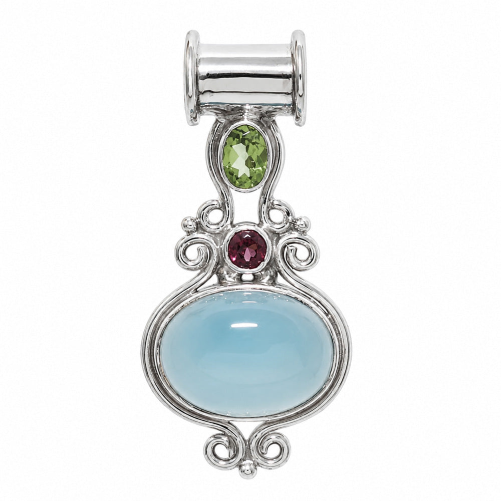 Blue Chalcedony, Peridot & Garnet 925 Sterling Silver Pendant Necklace Jewelry SP01254