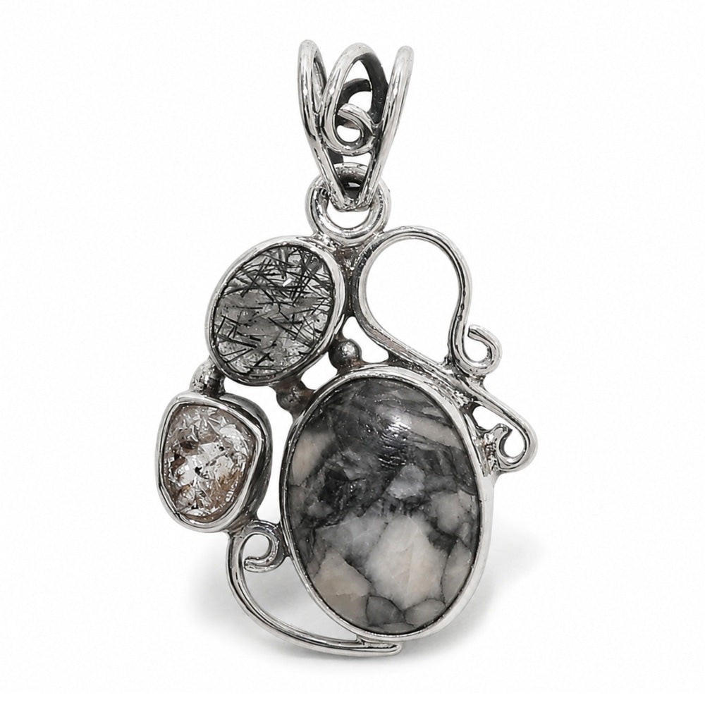 Pinolith Stone, Black Rutile & Herkimer Diamond 925 Sterling Silver Pendant Necklace Jewelry SP01256