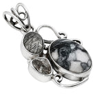 Pinolith Stone, Black Rutile & Herkimer Diamond 925 Sterling Silver Pendant Necklace Jewelry SP01256