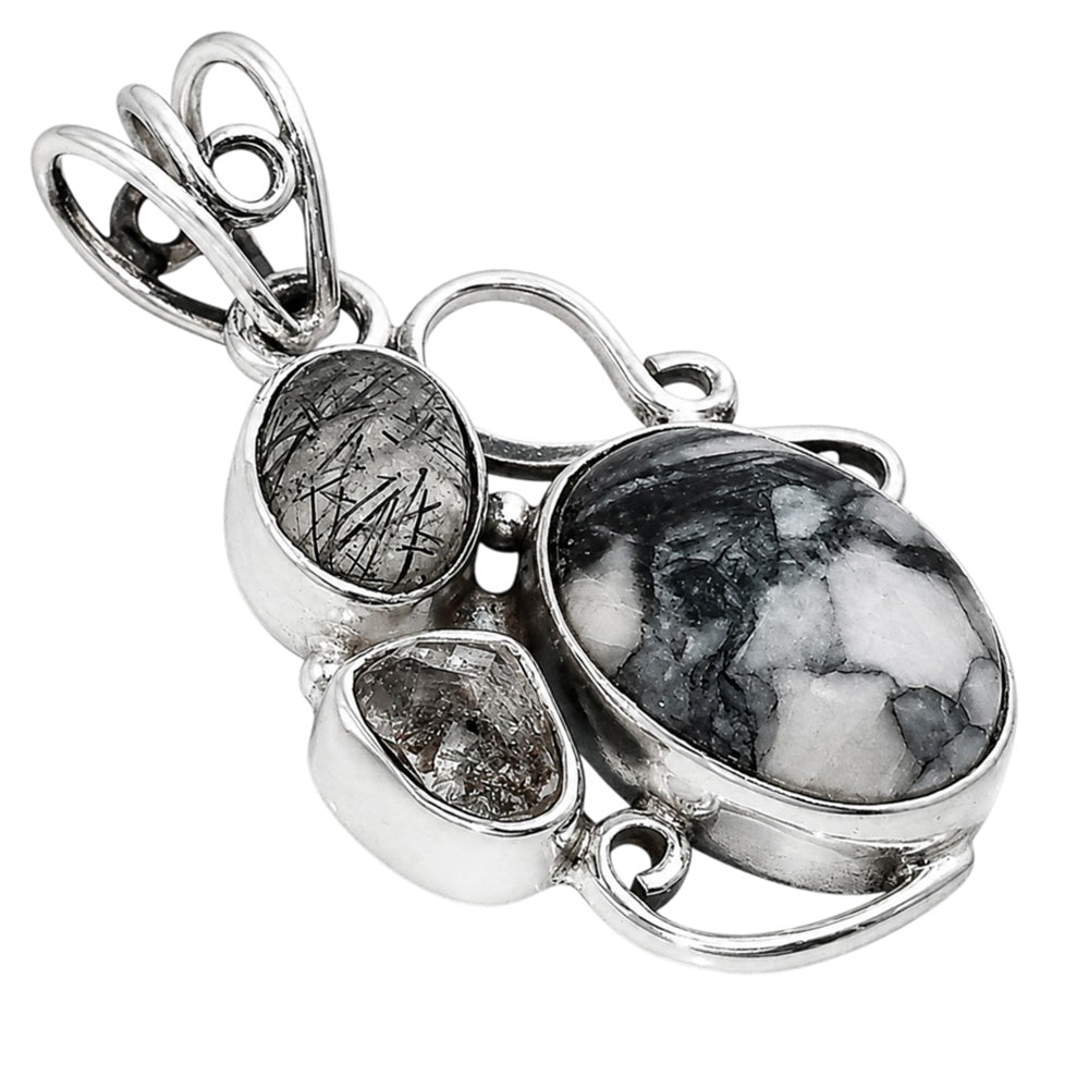 Pinolith Stone, Black Rutile & Herkimer Diamond 925 Sterling Silver Pendant Necklace Jewelry SP01256