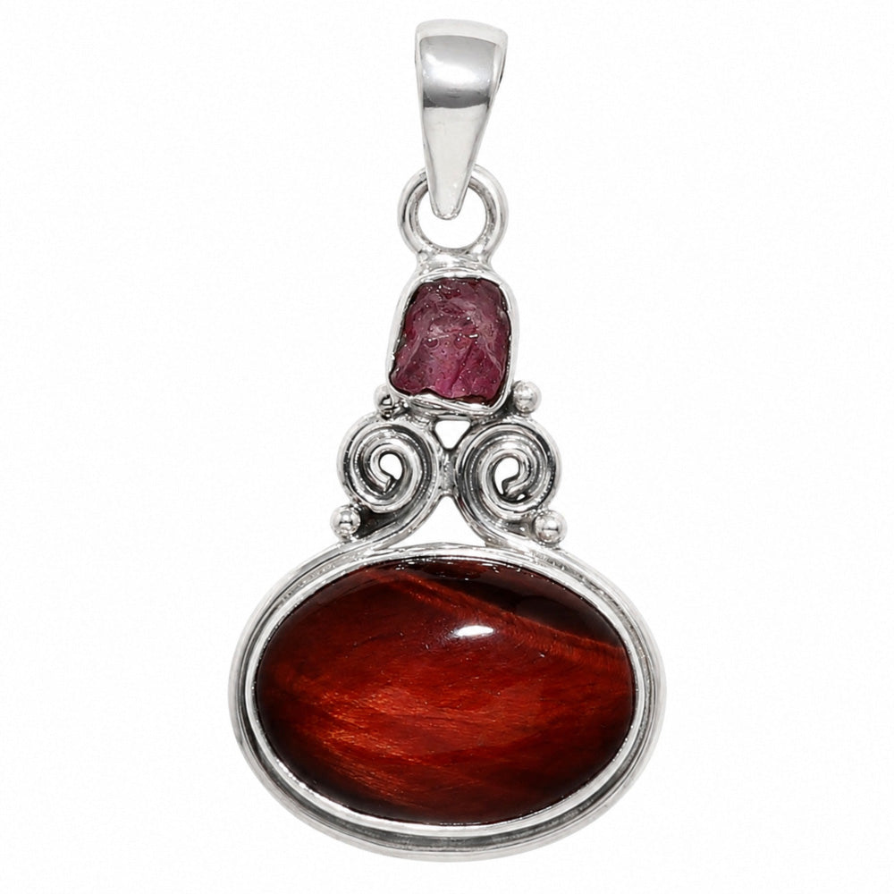 Red Tiger Eye and Pink Tourmaline Rough 925 Sterling Silver Pendant Necklace Jewelry SP01257