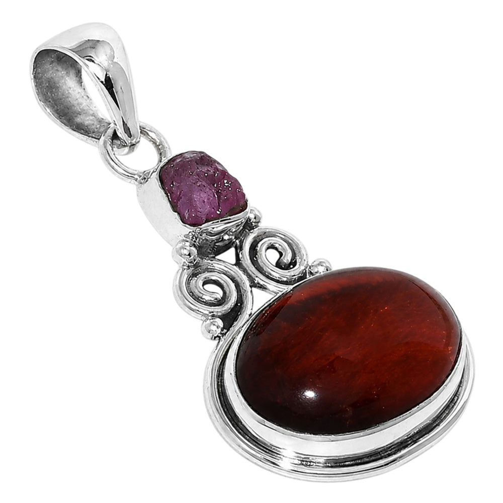 Red Tiger Eye and Pink Tourmaline Rough 925 Sterling Silver Pendant Necklace Jewelry SP01257