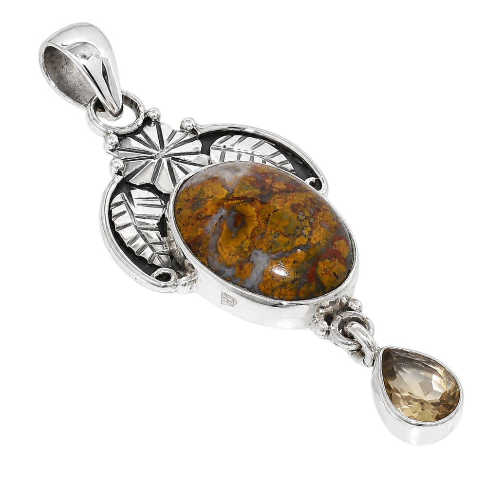 Red Palm Root Agate and Citrine 925 Sterling Silver Pendant Necklace Jewelry SP01266