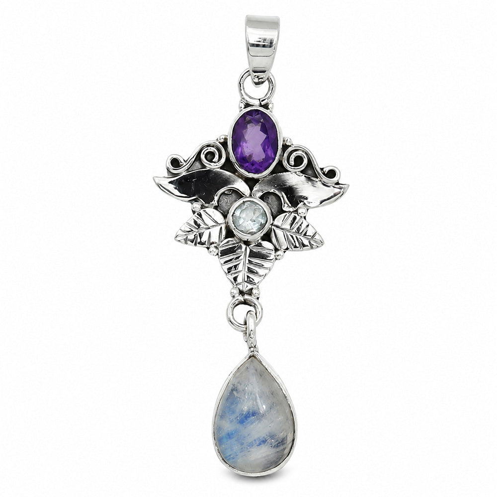 Rainbow Moonstone, Amethyst & Sky Blue Topaz 925 Sterling Silver Pendant Necklace Jewelry SP01267