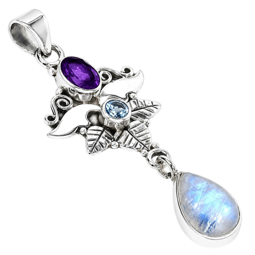 Rainbow Moonstone, Amethyst & Sky Blue Topaz 925 Sterling Silver Pendant Necklace Jewelry SP01267