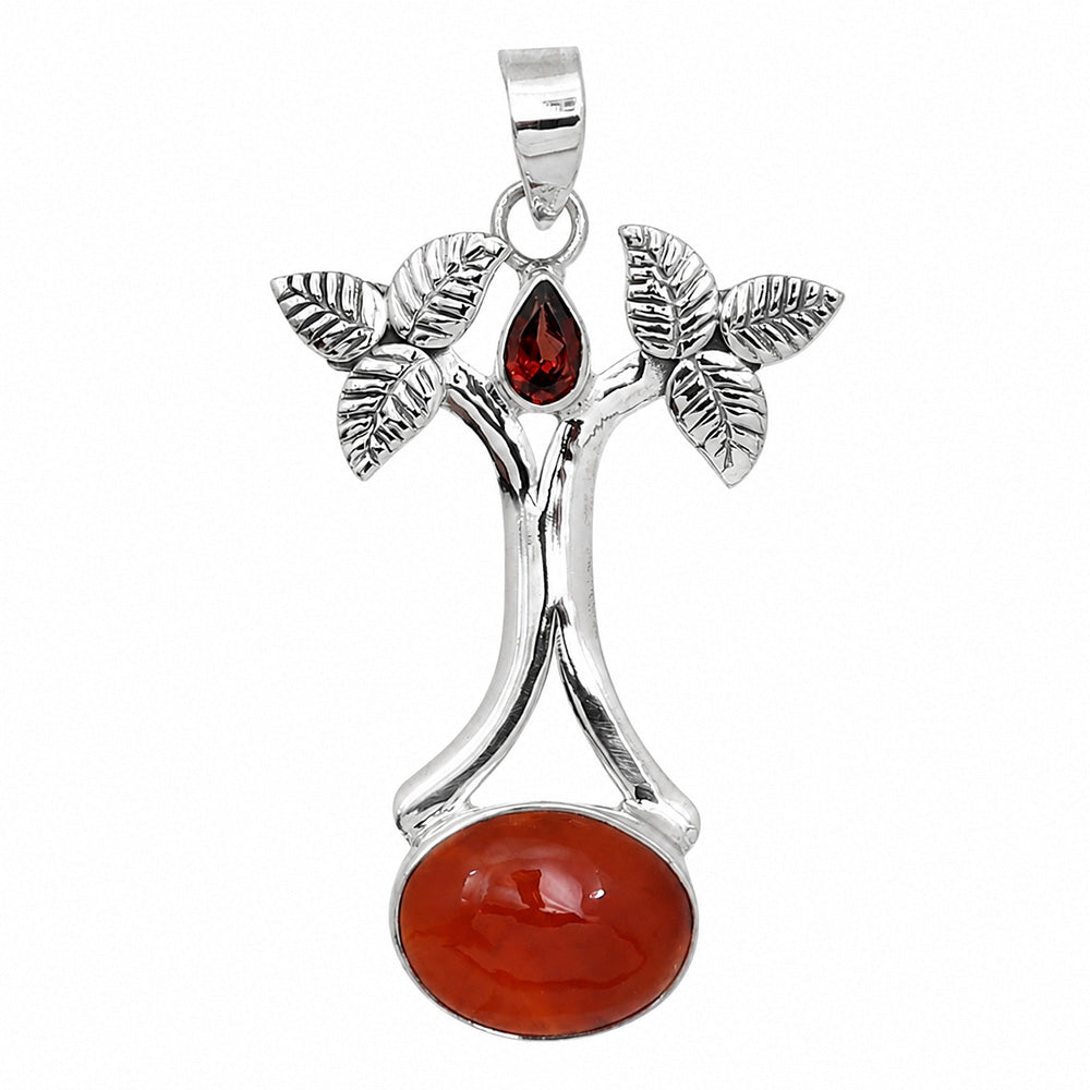 Tree - Carnelian and Hessonite Garnet 925 Sterling Silver Pendant Necklace Jewelry SP01270
