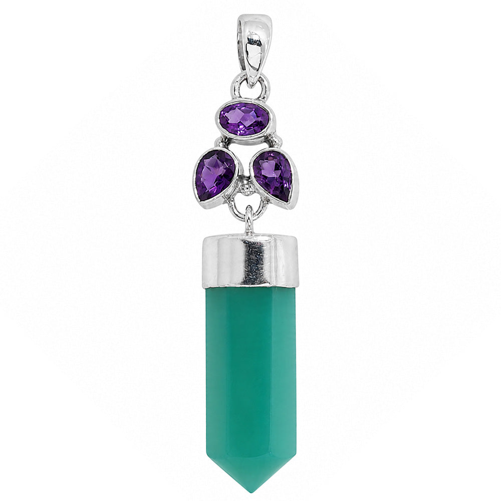 Chrysoprase Point and Amethyst 925 Sterling Silver Pendant Necklace Jewelry SP01278