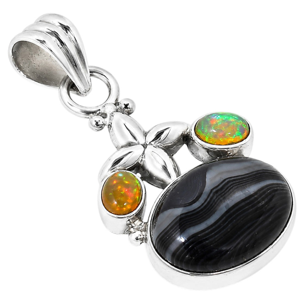 Crown Of Silver Psilomelane - Black Malachite and Ethiopian Opal 925 Sterling Silver Pendant Necklace Jewelry SP01293