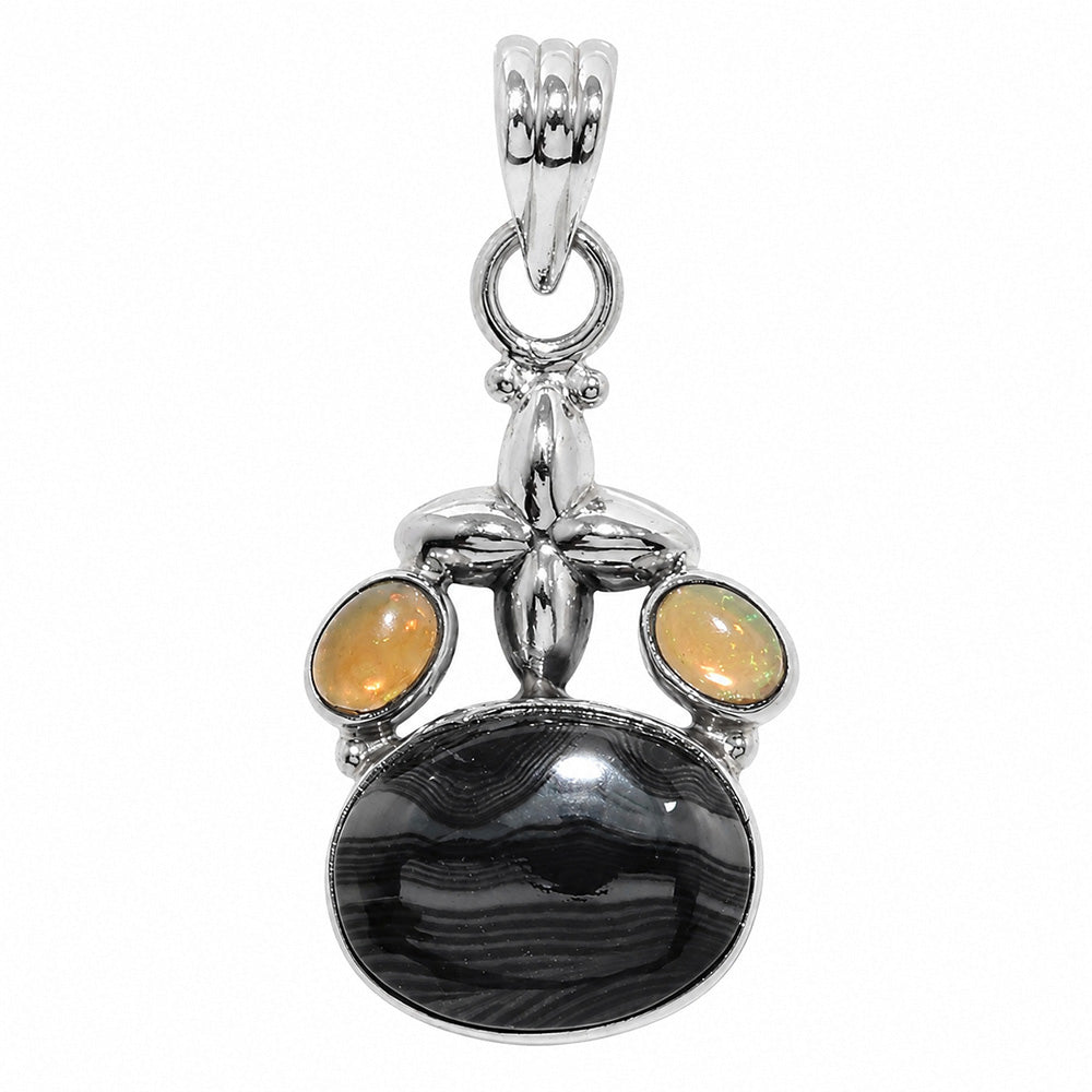 Crown Of Silver Psilomelane - Black Malachite and Ethiopian Opal 925 Sterling Silver Pendant Necklace Jewelry SP01293