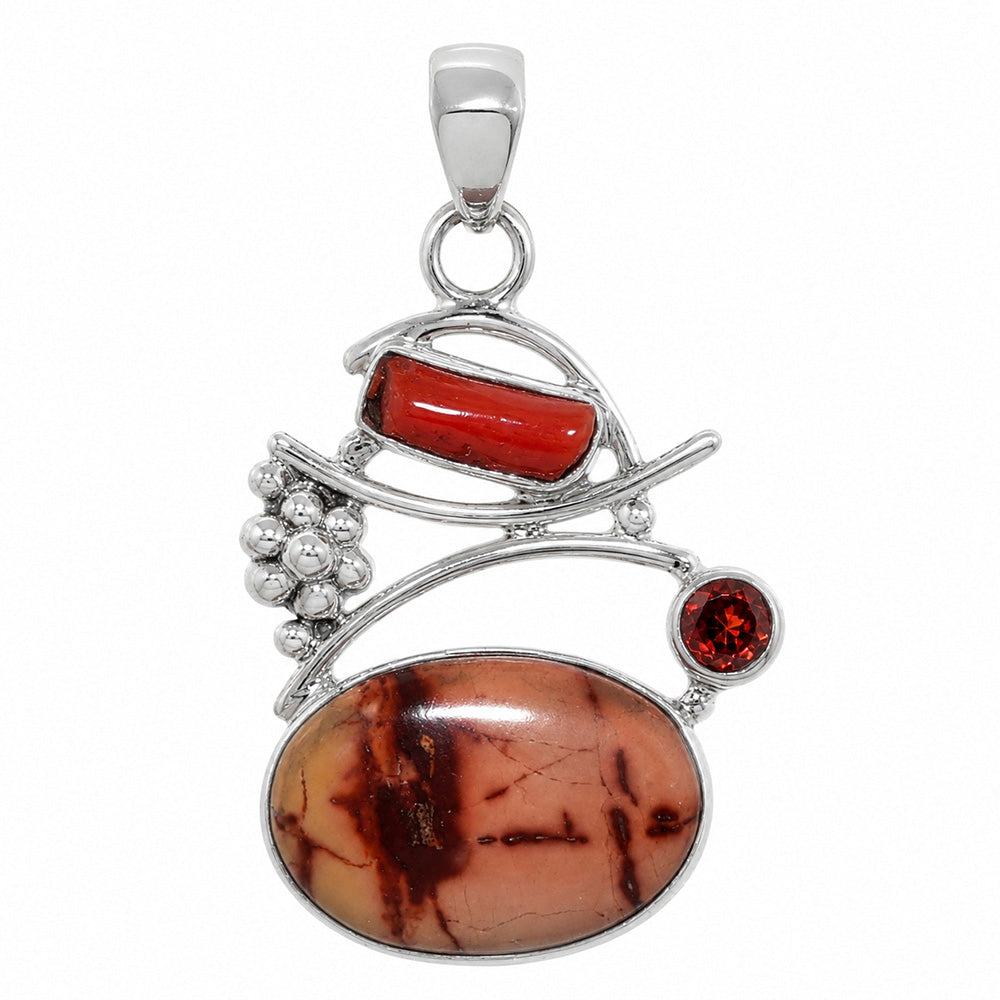Indian Paint Gemstone, Coral Stick & Garnet 925 Sterling Silver Pendant Necklace Jewelry SP01294