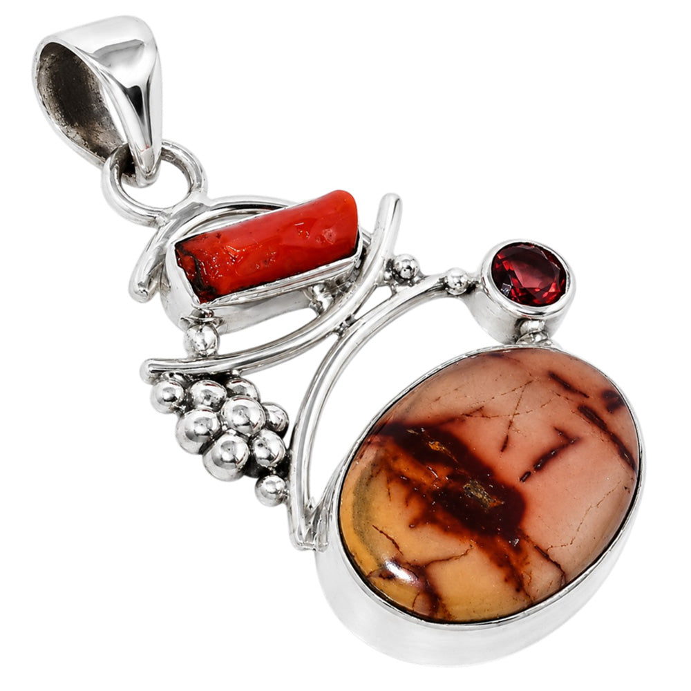 Indian Paint Gemstone, Coral Stick & Garnet 925 Sterling Silver Pendant Necklace Jewelry SP01294