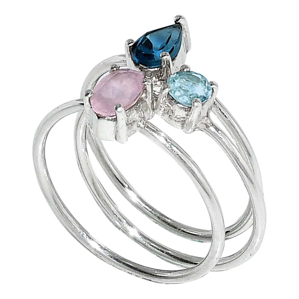 Rose Quartz, London Blue Topaz & Green Amethyst 925 Sterling Silver Ring Jewelry Size-17 SR01002