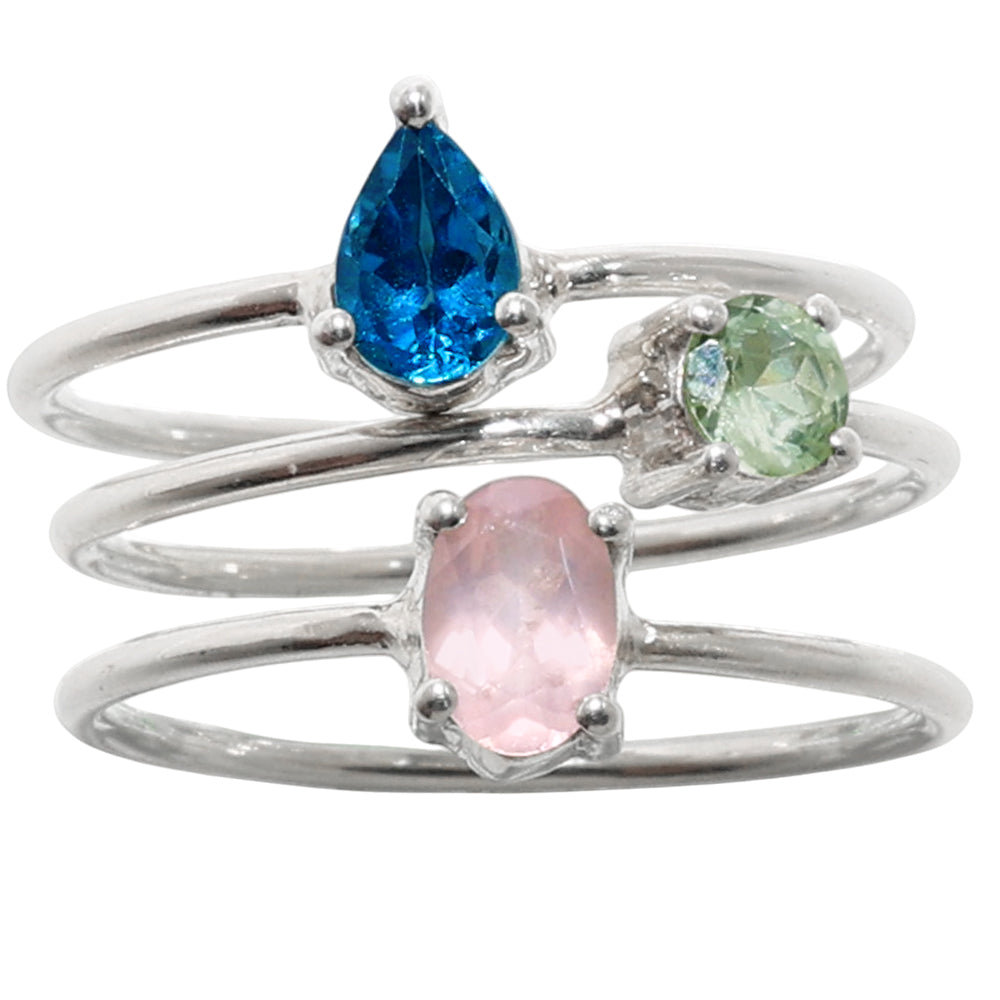 Rose Quartz, London Blue Topaz & Green Amethyst 925 Sterling Silver Ring Jewelry Size-17 SR01002