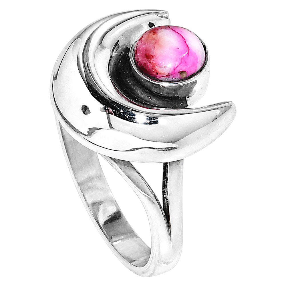 Crescent Moon - Kingman Pink Dahlia Turquoise 925 Sterling Silver Ring Jewelry Size-16 SR01076