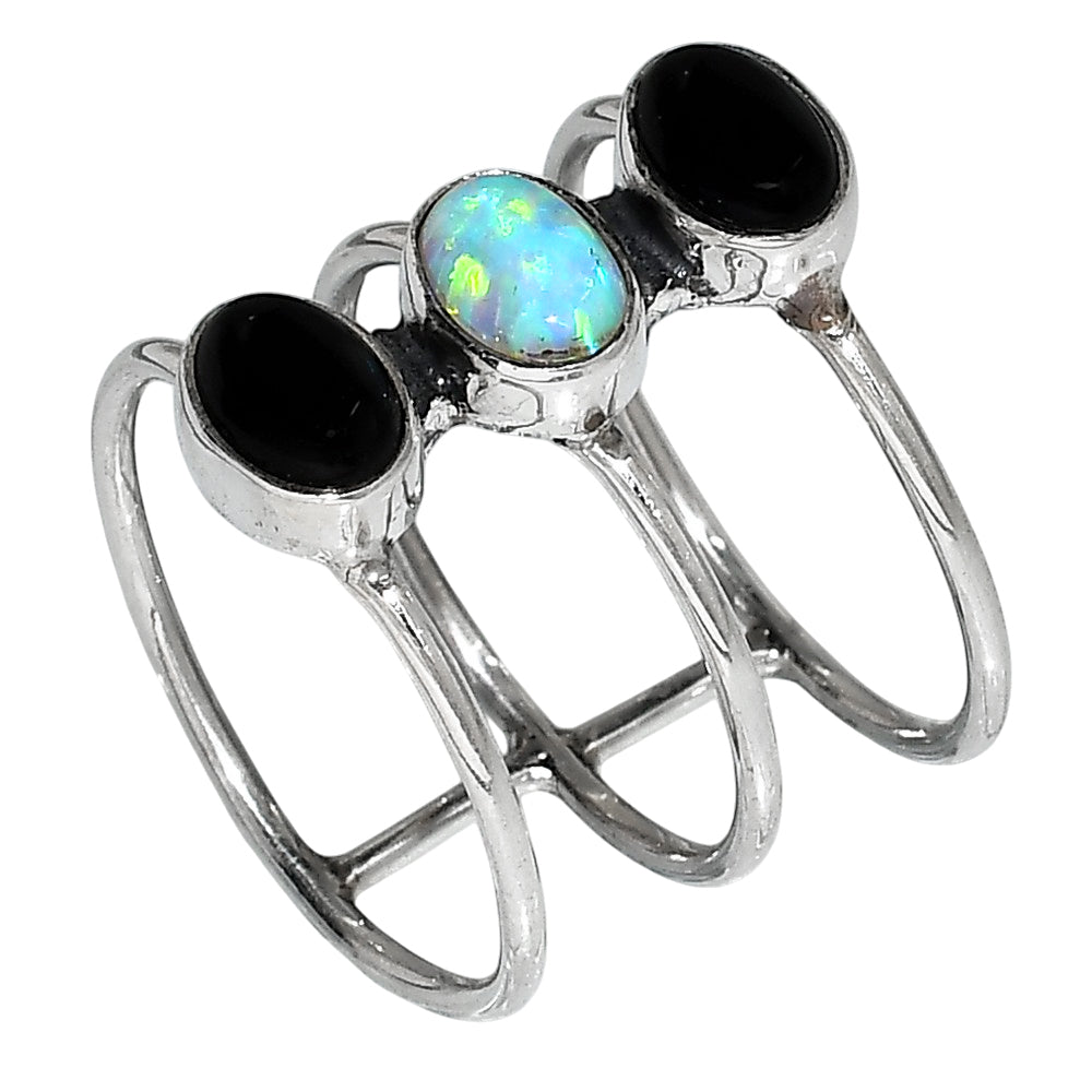 Black Onyx and Fire Opal 925 Sterling Silver Ring Jewelry Size-18 SR01082