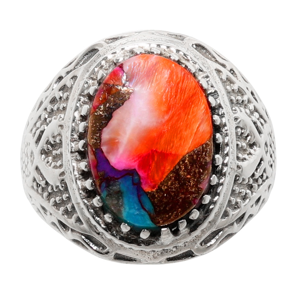 Kingman Orange Dahlia Turquoise 925 Sterling Silver Ring Jewelry Size-20 SR01089