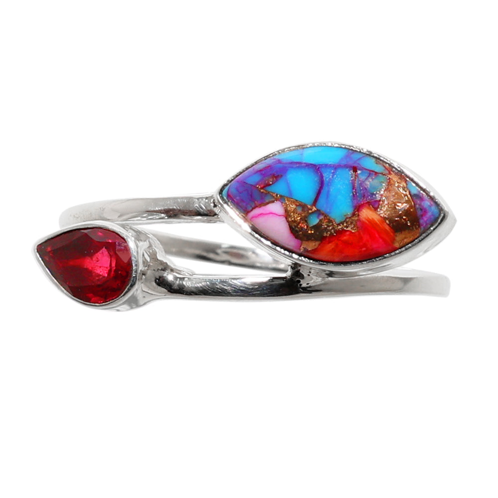 Kingman Orange Dahlia Turquoise and Garnet 925 Sterling Silver Ring Jewelry Size-17 SR01094