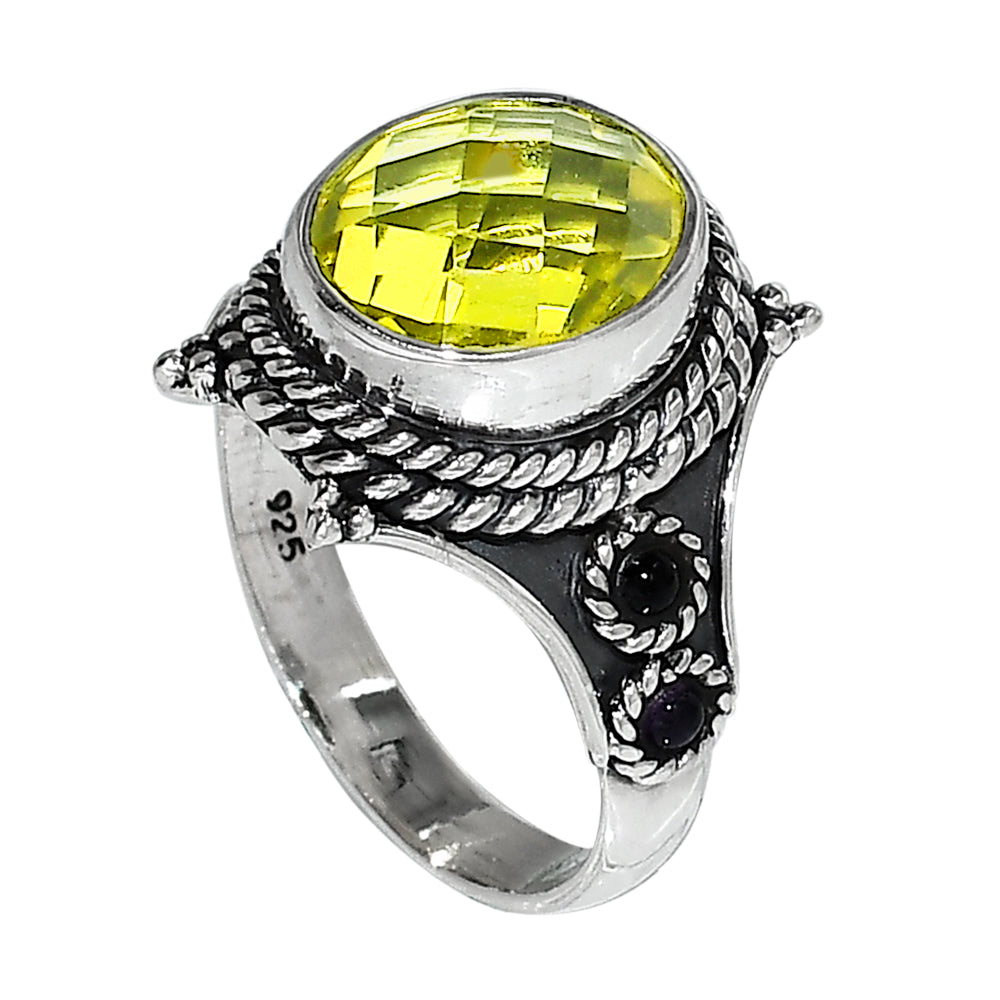Lemon Quartz Checker Briolette 925 Sterling Silver Ring Jewelry Size-14 SR01095
