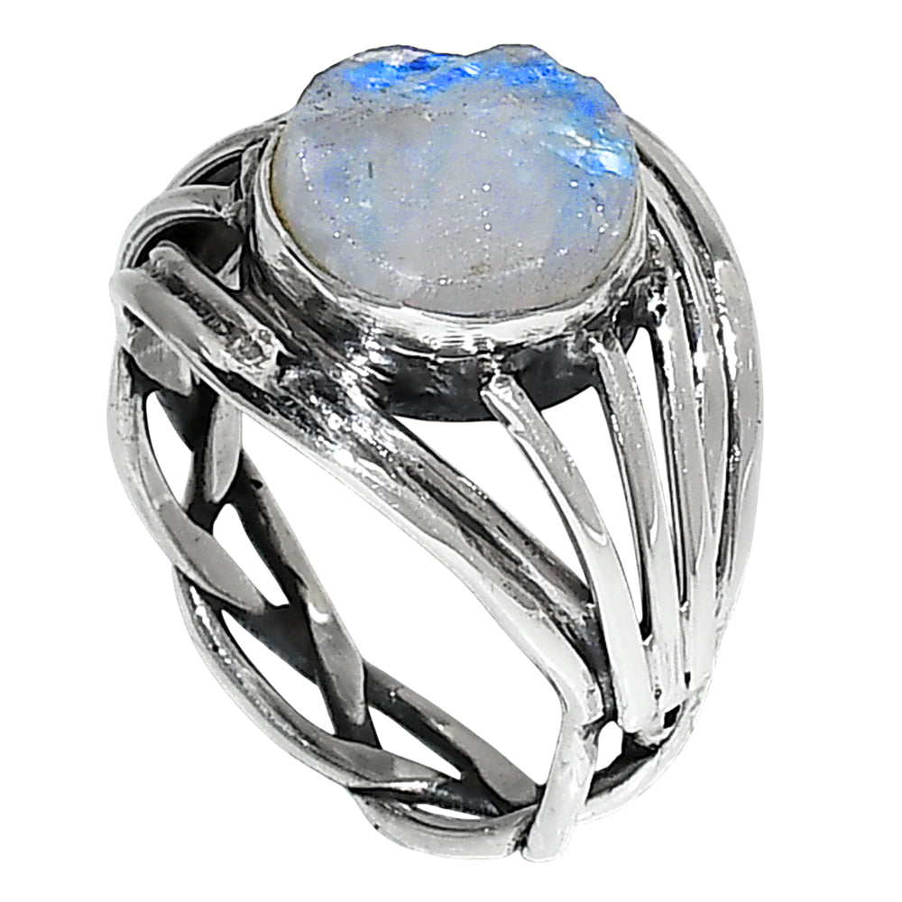 Rainbow Moonstone Rough 925 Sterling Silver Ring Jewelry Size-16 SR01205