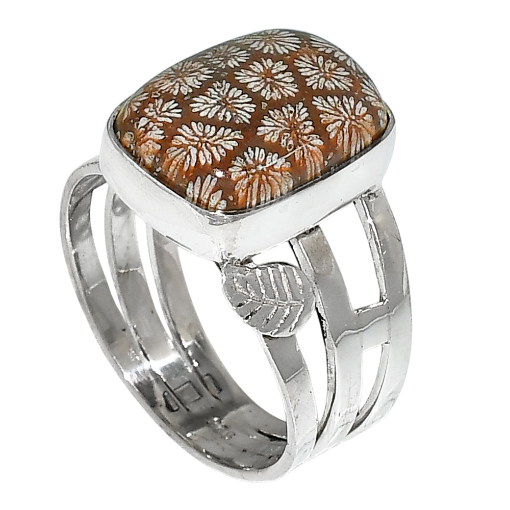 Flower Fossil Coral 925 Sterling Silver Ring Jewelry Size-22 SR01215