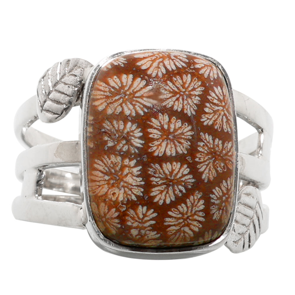 Flower Fossil Coral 925 Sterling Silver Ring Jewelry Size-22 SR01215
