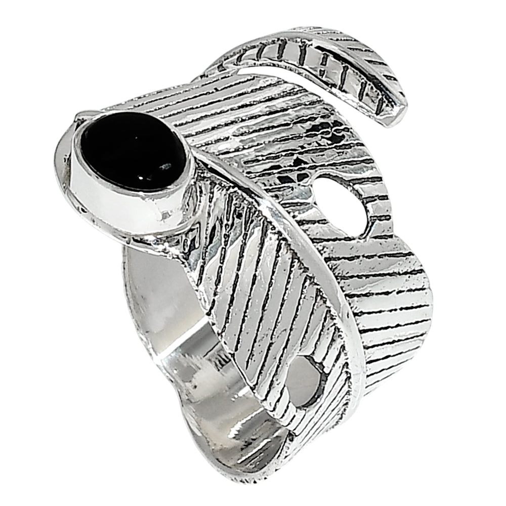 Adjustable Feather - Black Onyx 925 Sterling Silver Ring Jewelry Size-18 SR01220