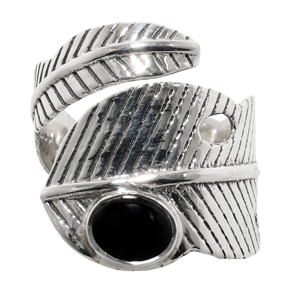 Adjustable Feather - Black Onyx 925 Sterling Silver Ring Jewelry Size-18 SR01220