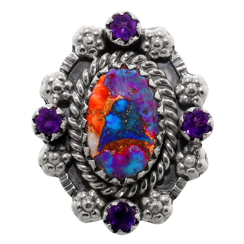Kingman Orange Dahlia Turquoise and Amethyst 925 Sterling Silver Ring Jewelry Size-17 SR01226