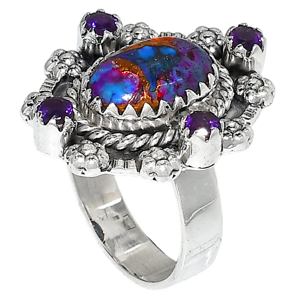 Kingman Orange Dahlia Turquoise and Amethyst 925 Sterling Silver Ring Jewelry Size-17 SR01226