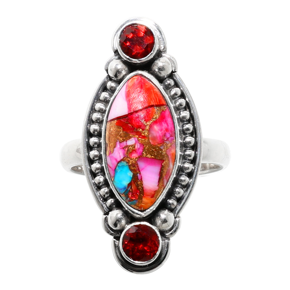 Kingman Orange Dahlia Turquoise and Hessonite Garnet 925 Sterling Silver Ring Jewelry Size-16 SR01233